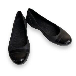 Crocs Patent Cap Toe Ballet Flat Black Comfort Slip On Casual Shoe Women Size 8
